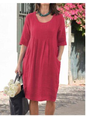 WoolOvers Fuchsia Pink Brick Red Linen Pocket Tunic Dress Size 4
